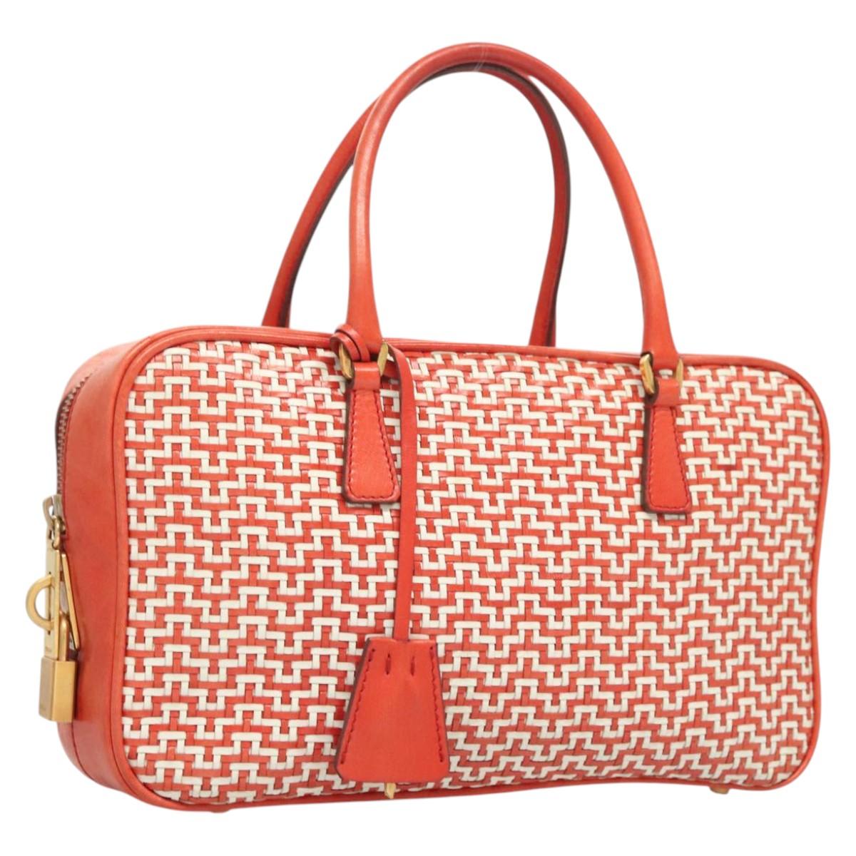PRADA Hand Bag Leather Orange Gold Auth 126058