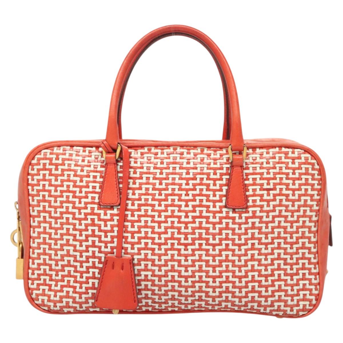 PRADA Hand Bag Leather Orange Gold Auth 126058