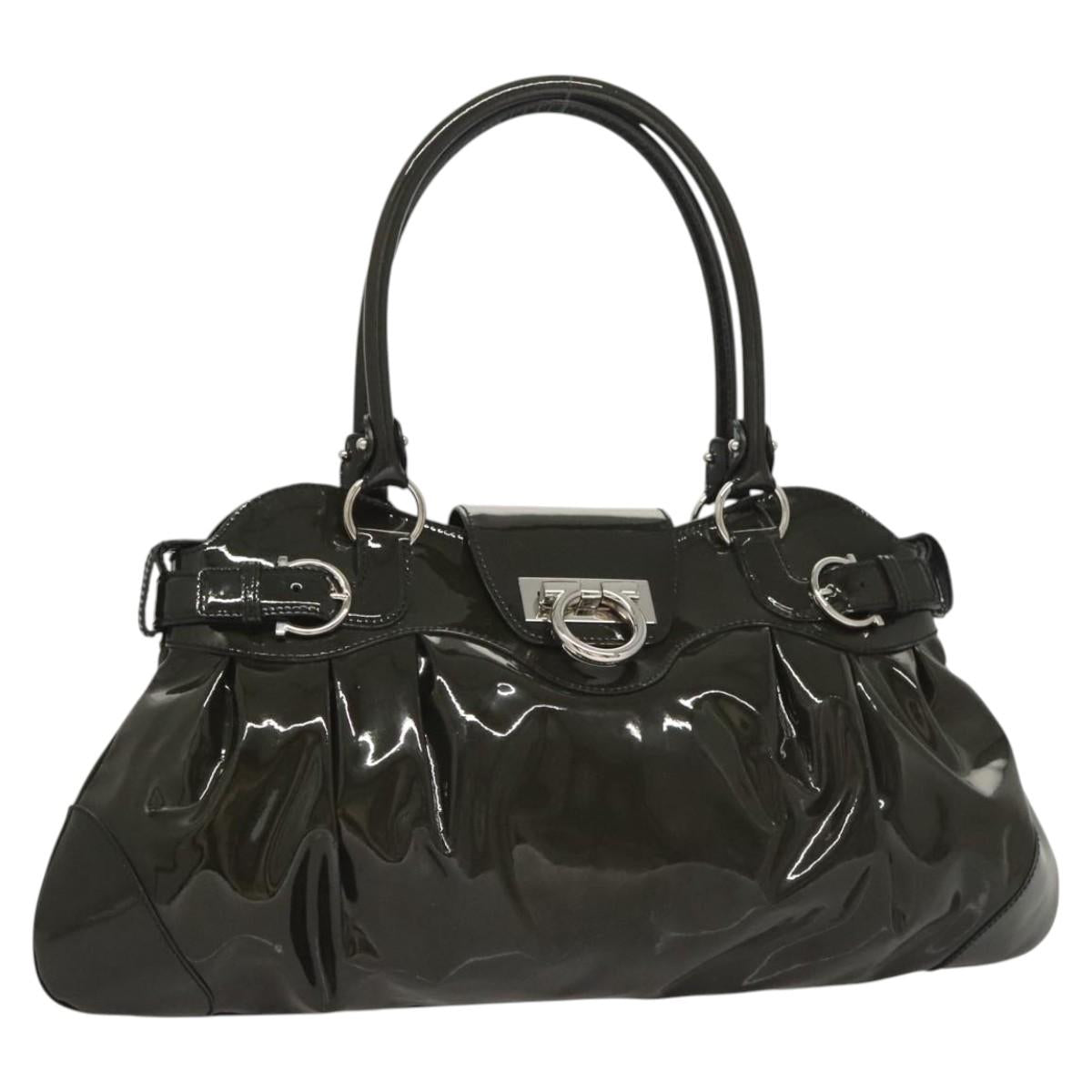 Salvatore Ferragamo Gancini Hand Bag Enamel Green Silver Auth 126114