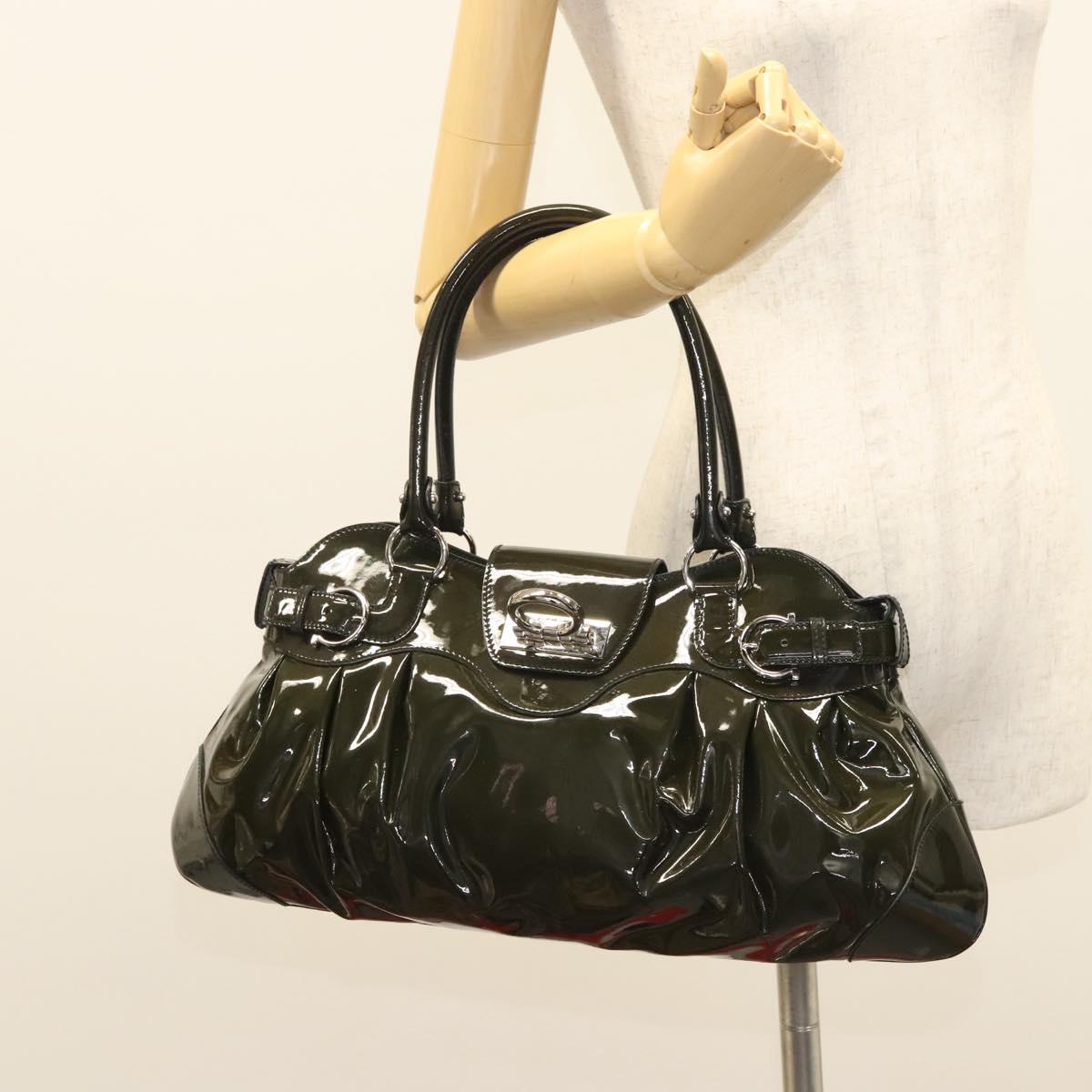 Salvatore Ferragamo Gancini Hand Bag Enamel Green Silver Auth 126114