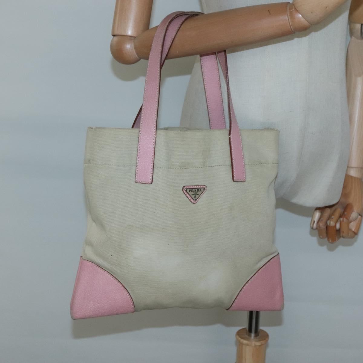 PRADA Tote Bag Canvas Beige Silver Auth 126135