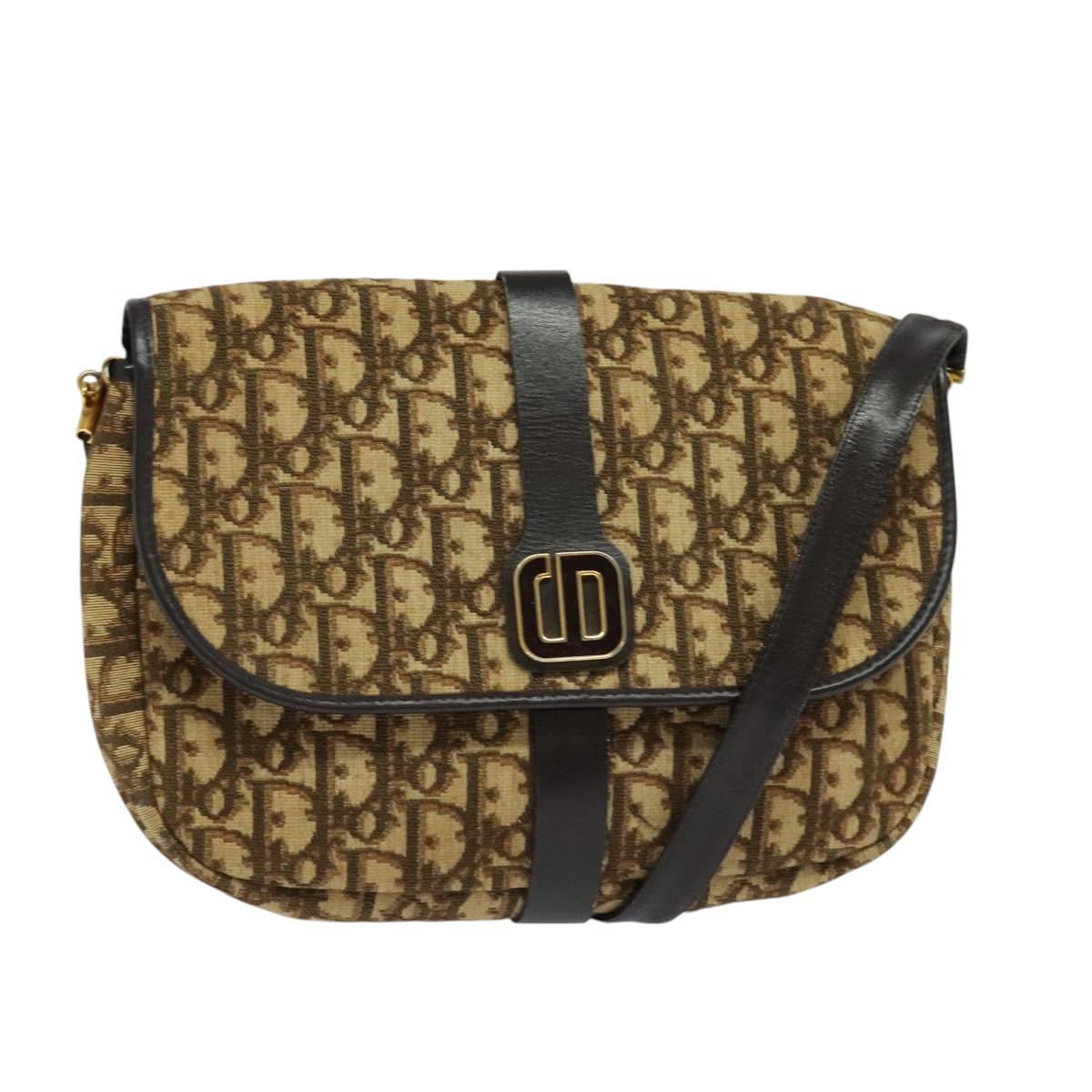 Christian Dior Trotter Canvas Shoulder Bag Brown Gold Auth 126151