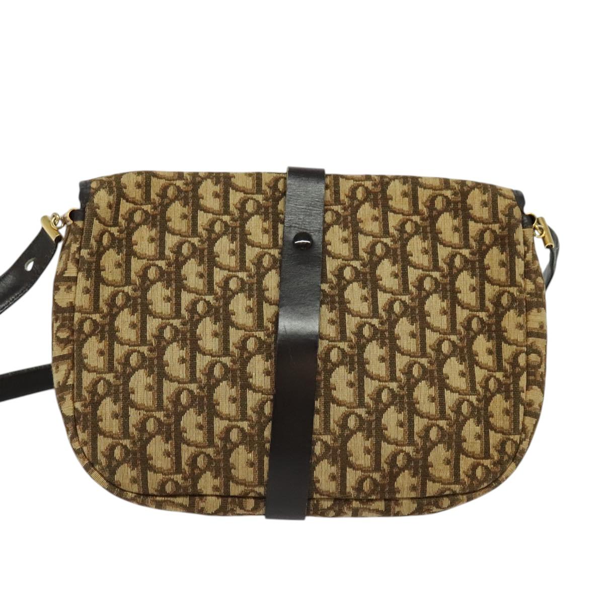Christian Dior Trotter Canvas Shoulder Bag Brown Gold Auth 126151