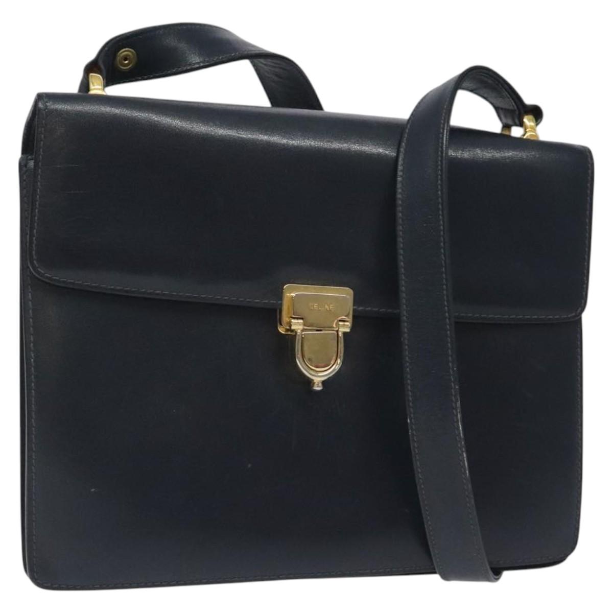 CELINE Shoulder Bag Leather Navy Gold Auth 126159