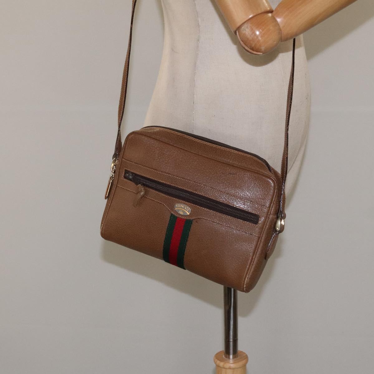 GUCCI Web Sherry Line Shoulder Bag Leather Brown Gold Auth 126169