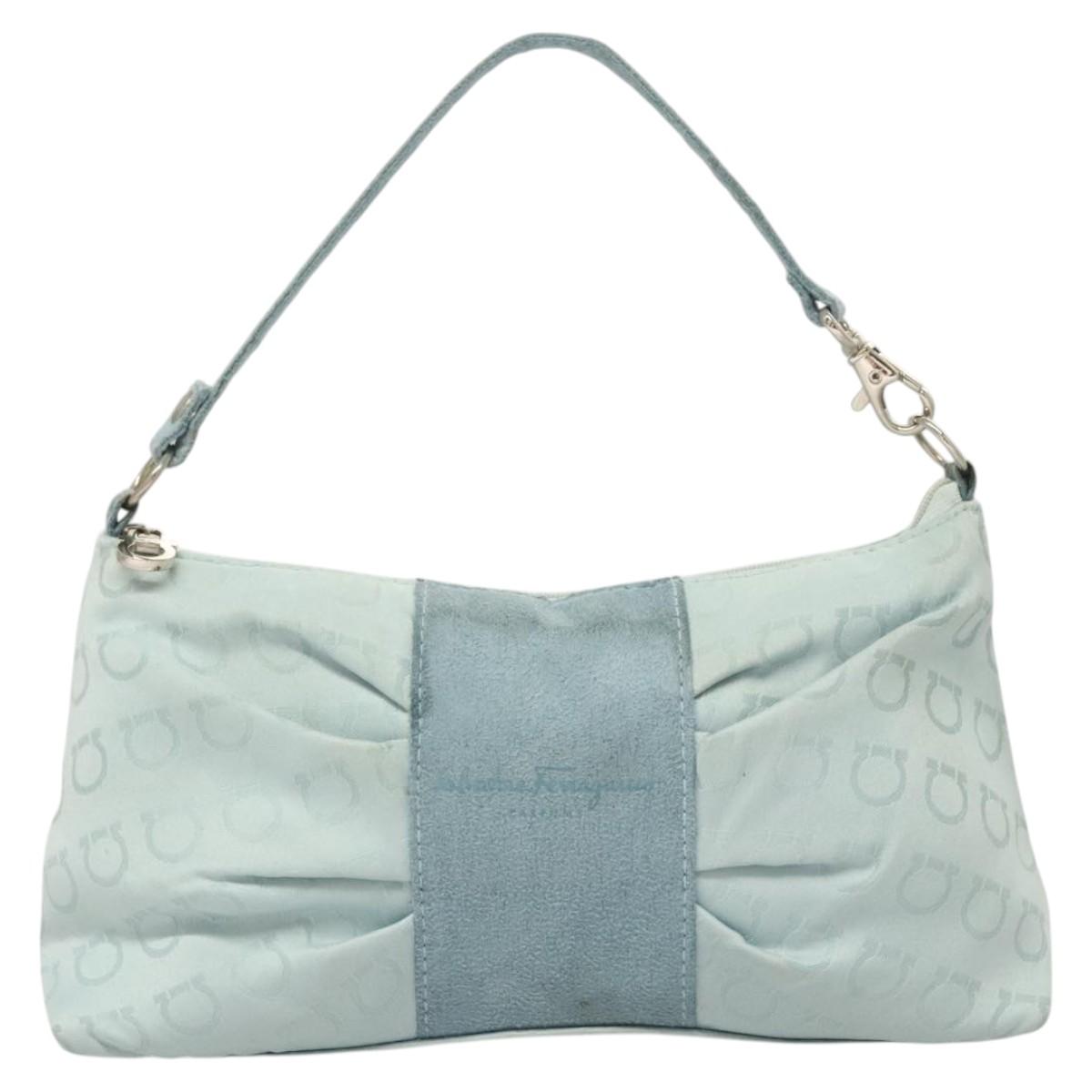 Salvatore Ferragamo Gancini Accessory Pouch Nylon Blue Silver Auth 126174
