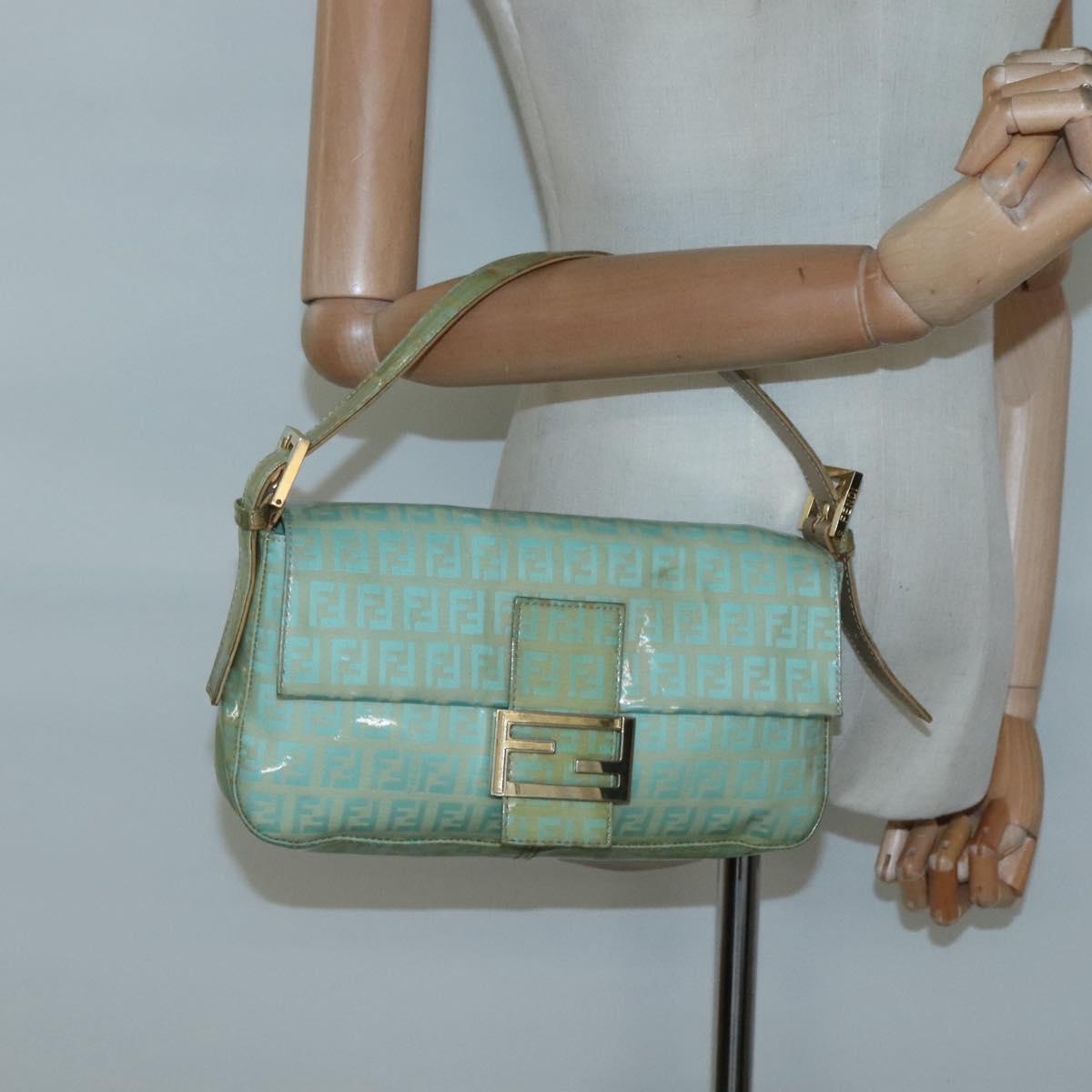 FENDI Zucchino Canvas Mamma Baguette Shoulder Bag Enamel Green Gold Auth 126178