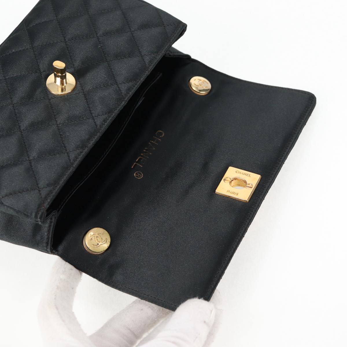 CHANEL Matelasse Chain Shoulder Bag Satin Black Gold CC Auth 126240V