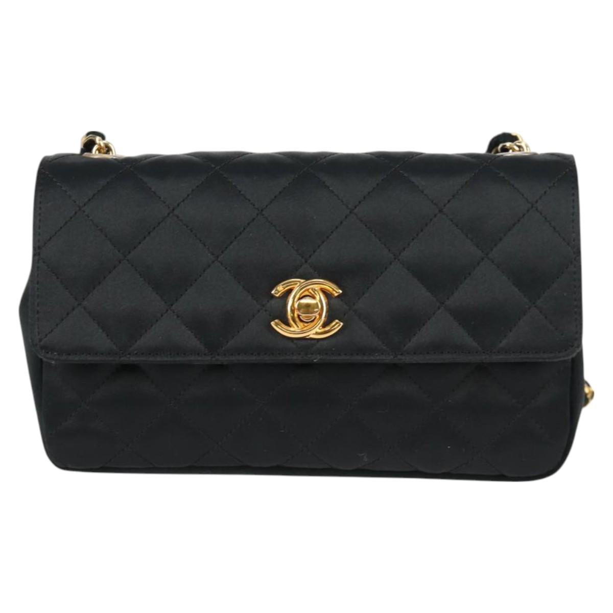 CHANEL Matelasse Chain Shoulder Bag Satin Black Gold CC Auth 126240V