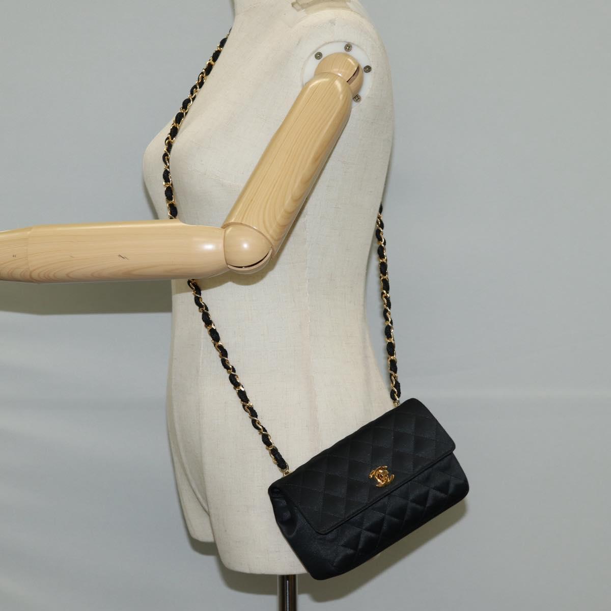 CHANEL Matelasse Chain Shoulder Bag Satin Black Gold CC Auth 126240V