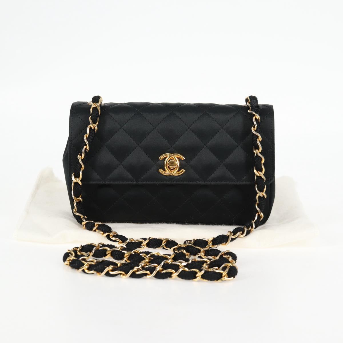 CHANEL Matelasse Chain Shoulder Bag Satin Black Gold CC Auth 126240V
