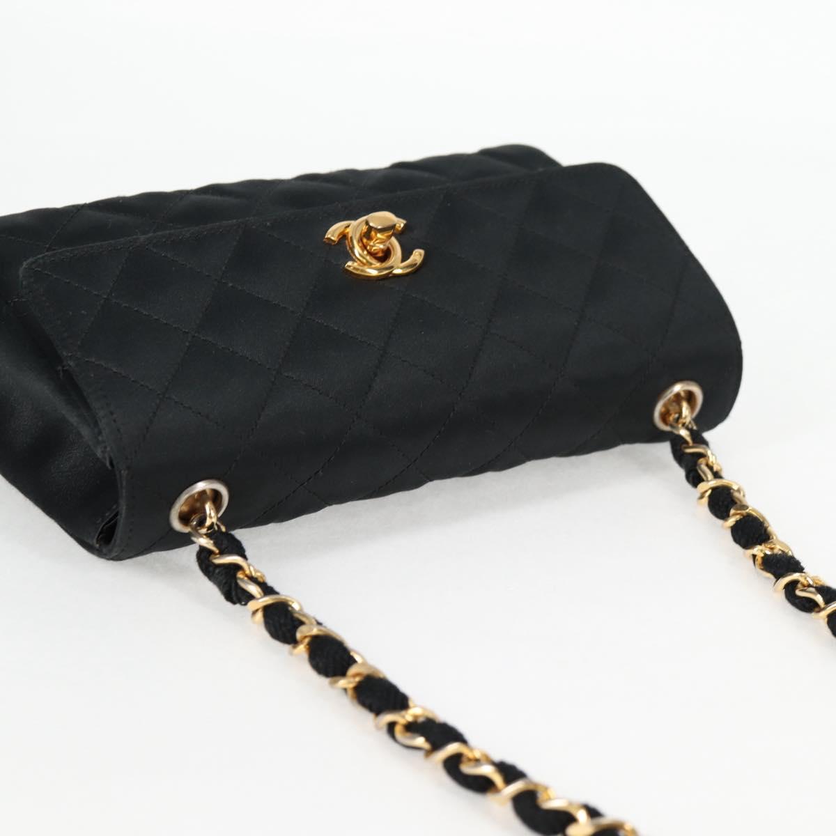 CHANEL Matelasse Chain Shoulder Bag Satin Black Gold CC Auth 126240V