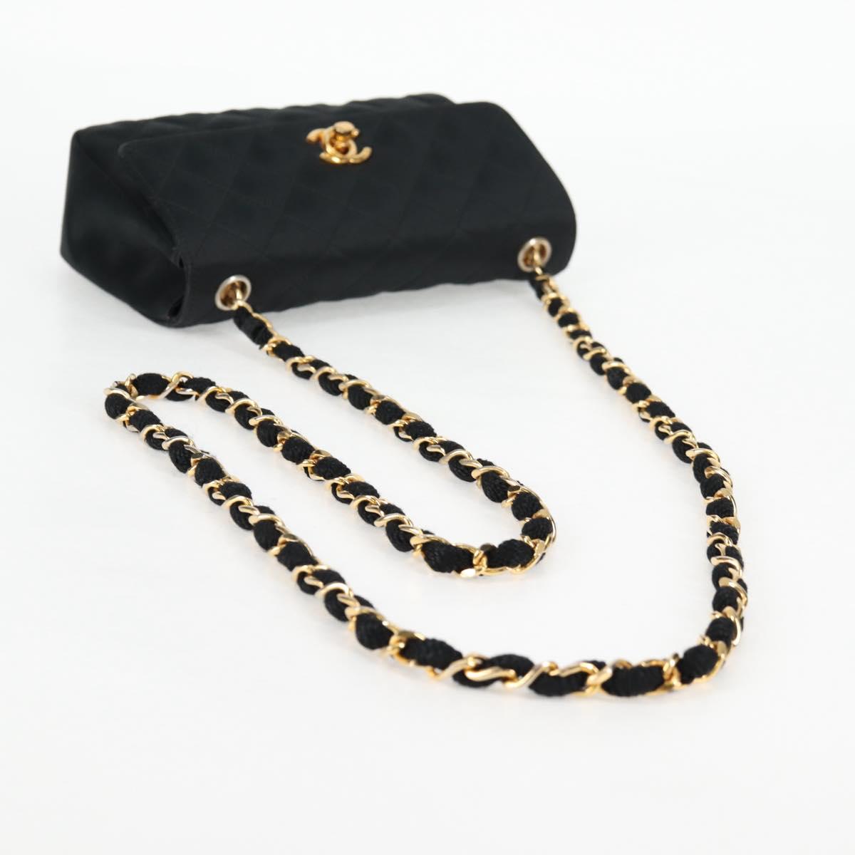 CHANEL Matelasse Chain Shoulder Bag Satin Black Gold CC Auth 126240V