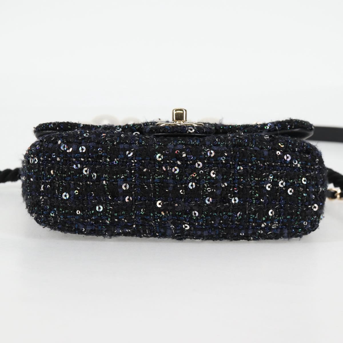 CHANEL Chain Pearl Shoulder Bag Tweed Navy Gold black CC Auth 126241SM