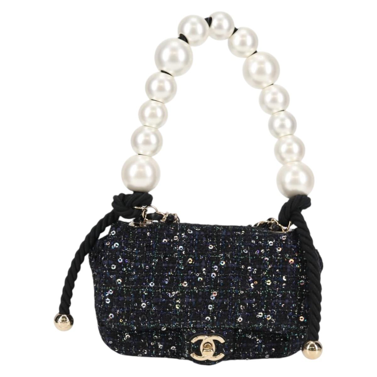 CHANEL Chain Pearl Shoulder Bag Tweed Navy Gold black CC Auth 126241SM