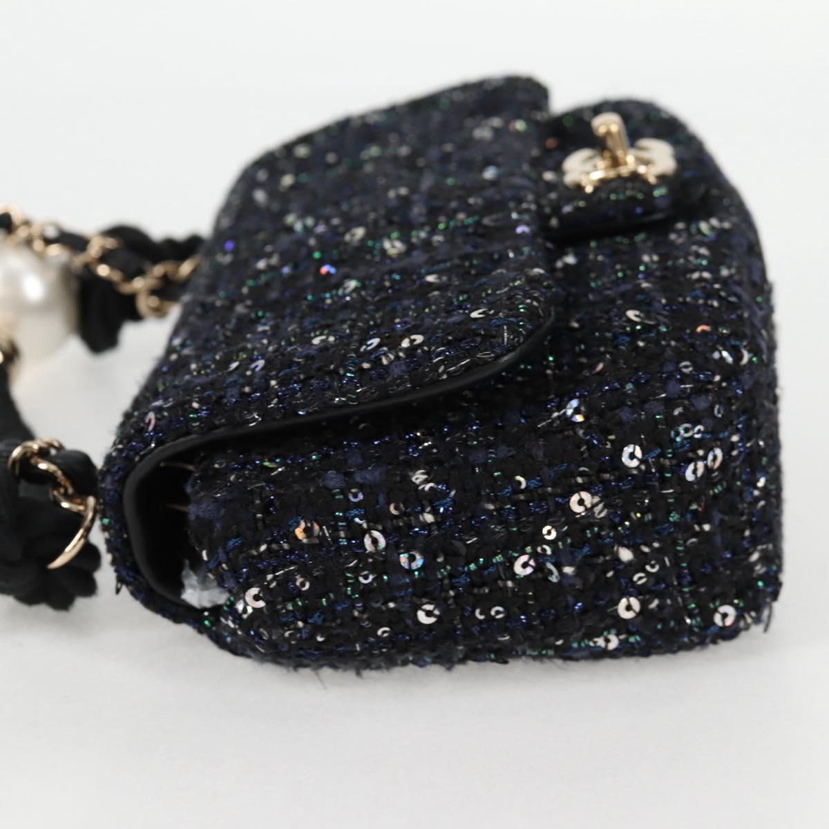 CHANEL Chain Pearl Shoulder Bag Tweed Navy Gold black CC Auth 126241SM