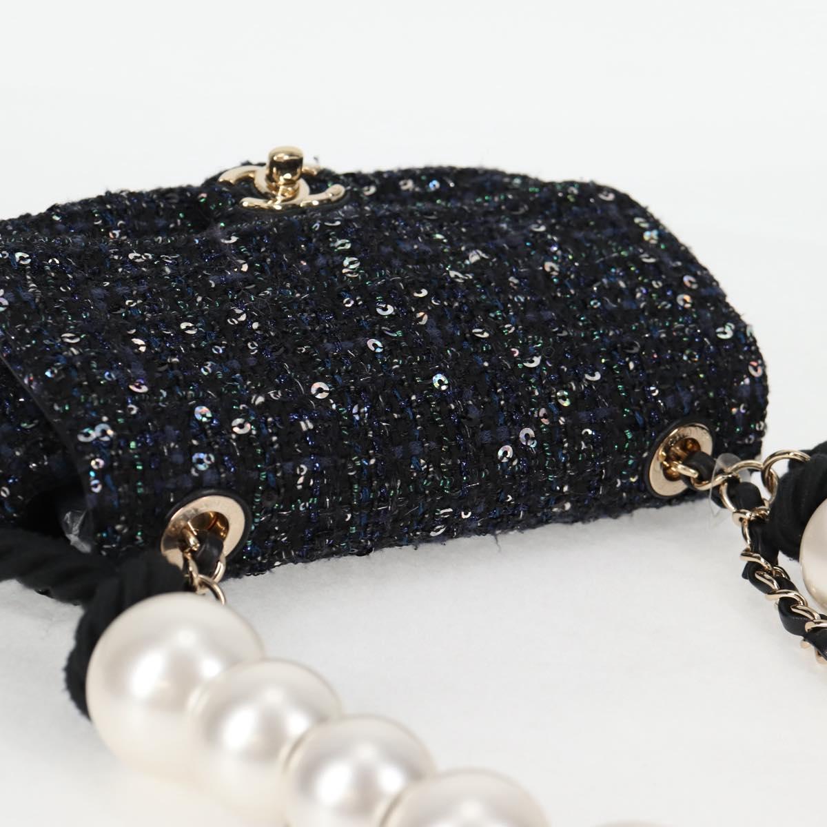 CHANEL Chain Pearl Shoulder Bag Tweed Navy Gold black CC Auth 126241SM