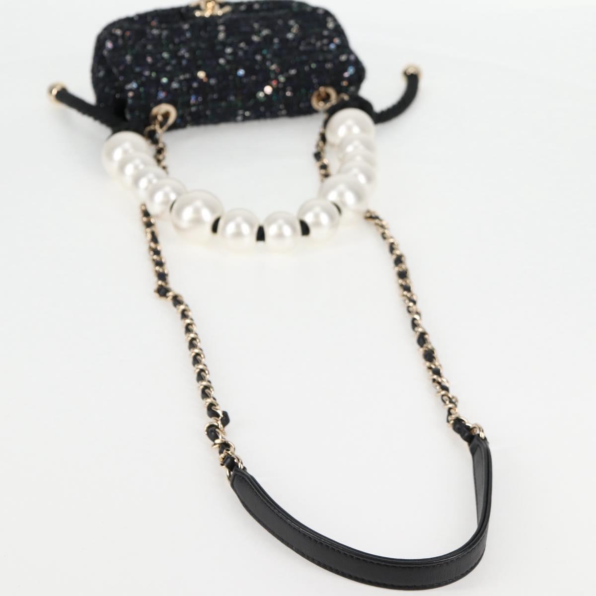 CHANEL Chain Pearl Shoulder Bag Tweed Navy Gold black CC Auth 126241SM