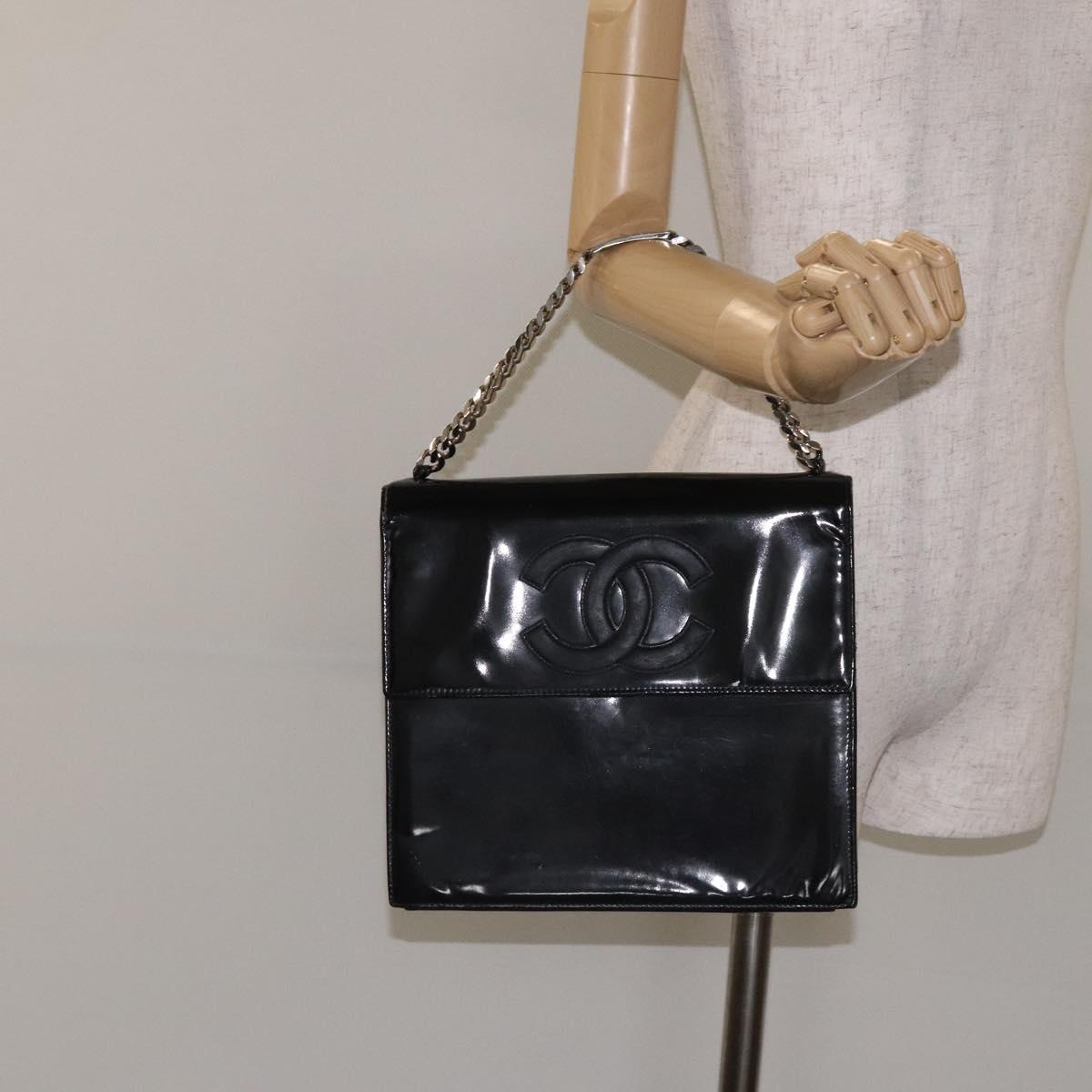 CHANEL COCO Mark Chain Hand Bag Patent leather Black Silver CC Auth 126242
