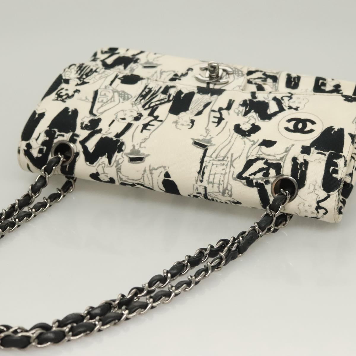 CHANEL Matelasse 25 Double Flap Chain Bag Canvas White Silver CC Auth 126243SV