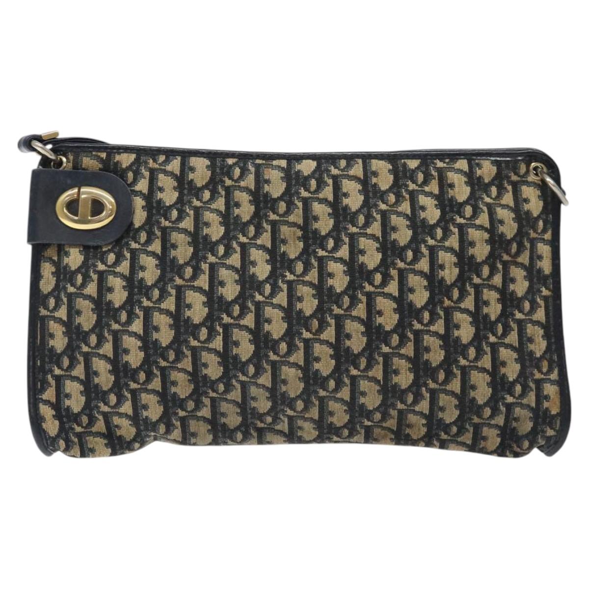 Christian Dior Trotter Canvas Shoulder Bag Navy Gold Auth 126267