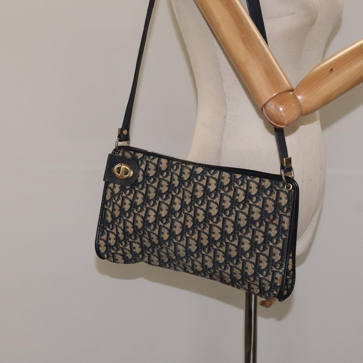 Christian Dior Trotter Canvas Shoulder Bag Navy Gold Auth 126267