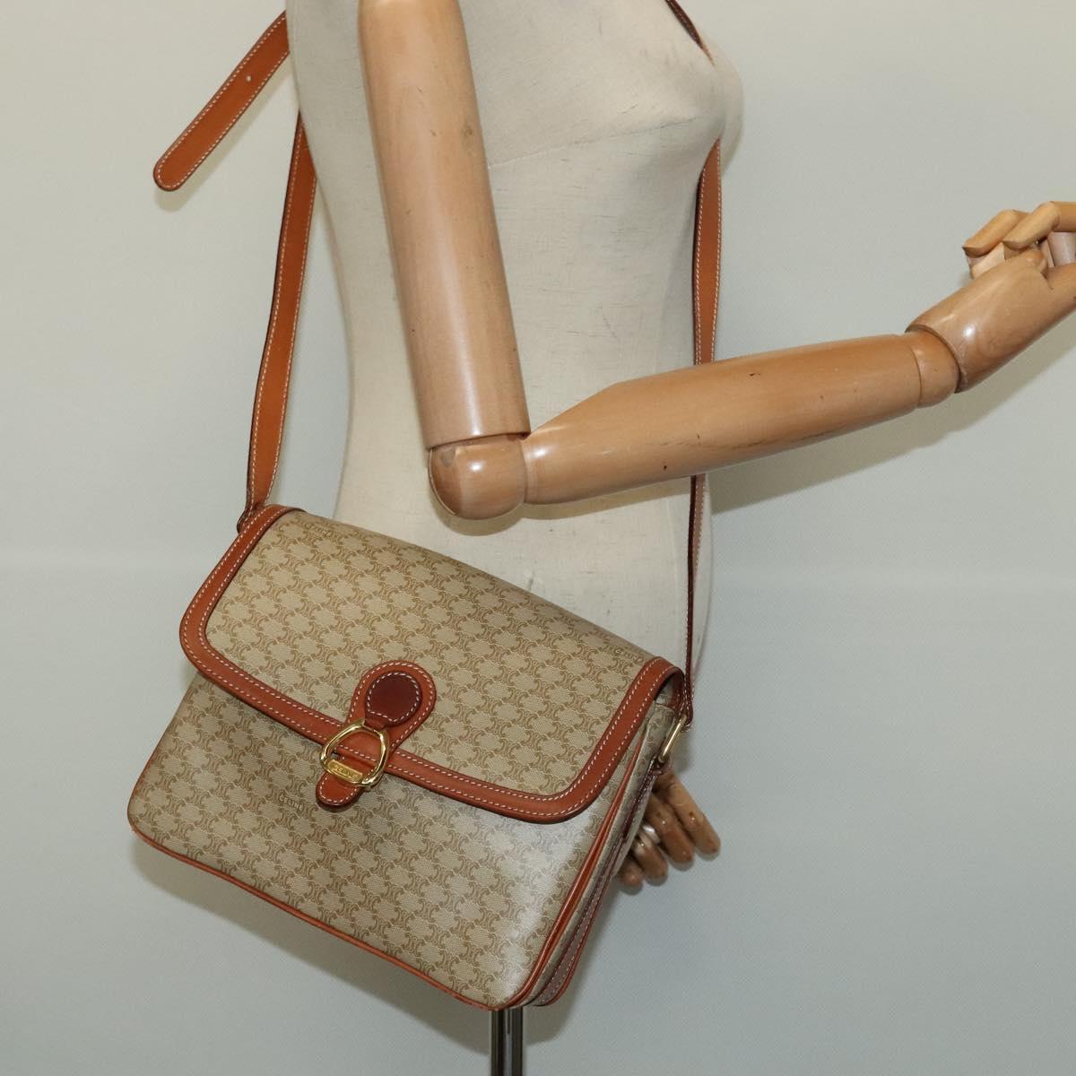 CELINE Macadam Canvas Shoulder Bag PVC Beige Gold Auth 126271