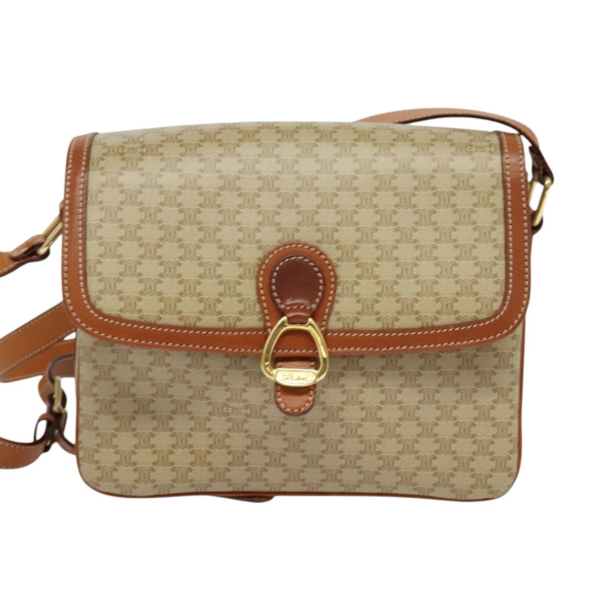 CELINE Macadam Canvas Shoulder Bag PVC Beige Gold Auth 126271