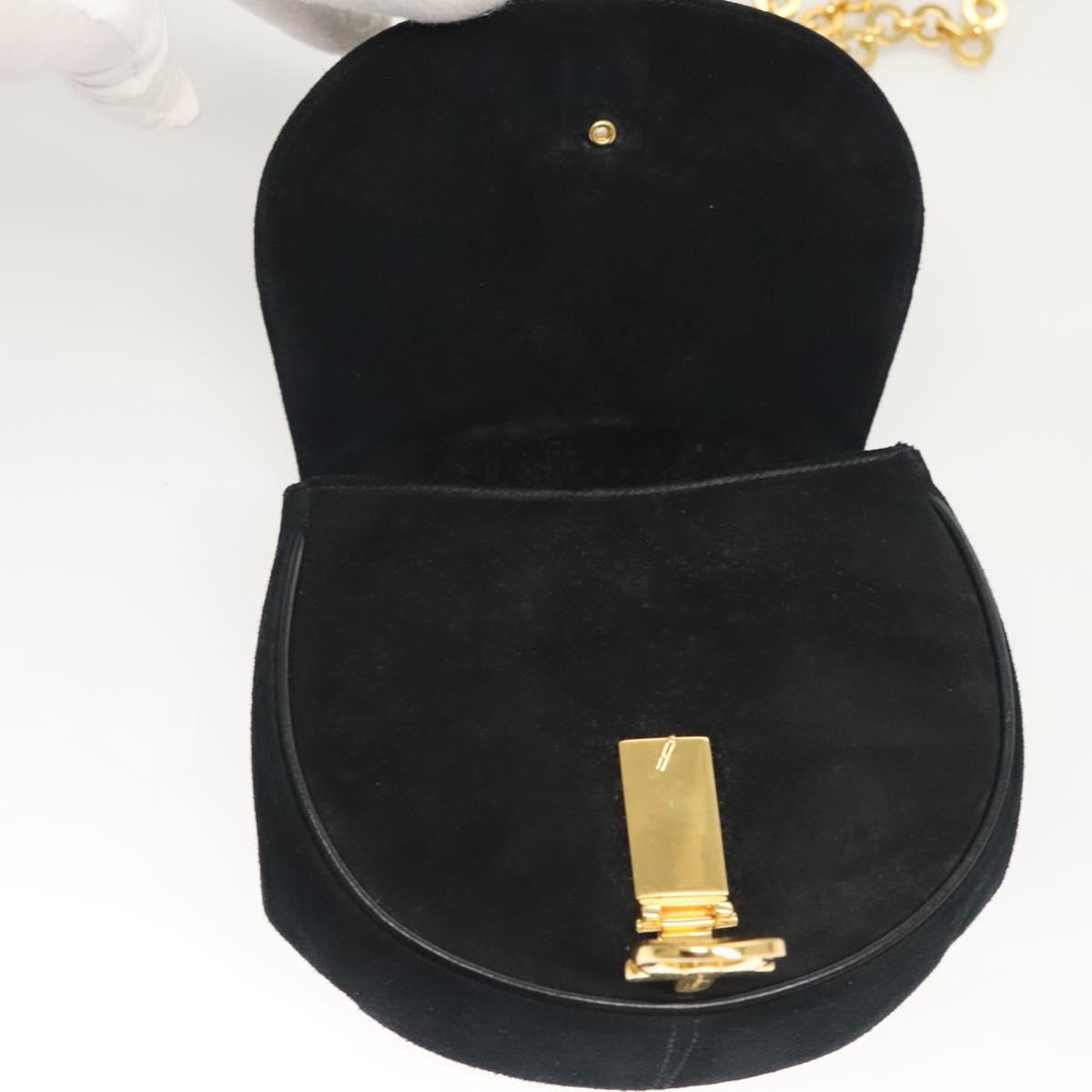 Salvatore Ferragamo Chain Gancini Shoulder Bag Suede Black Gold Auth 126274