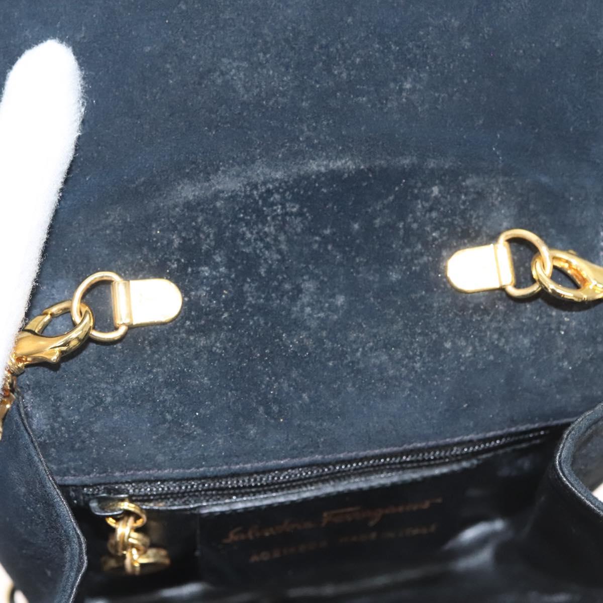 Salvatore Ferragamo Chain Gancini Shoulder Bag Suede Black Gold Auth 126274