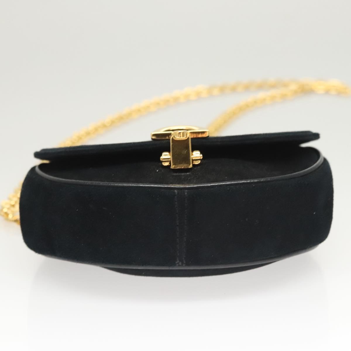 Salvatore Ferragamo Chain Gancini Shoulder Bag Suede Black Gold Auth 126274