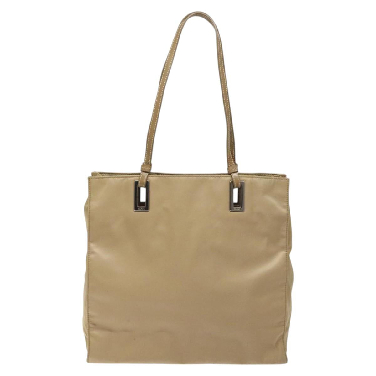 PRADA Tote Bag Nylon Beige Silver Auth 126300