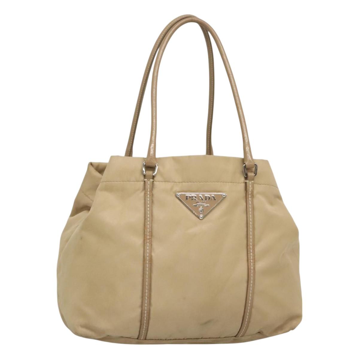 PRADA Hand Bag Nylon Beige Silver Auth 126335