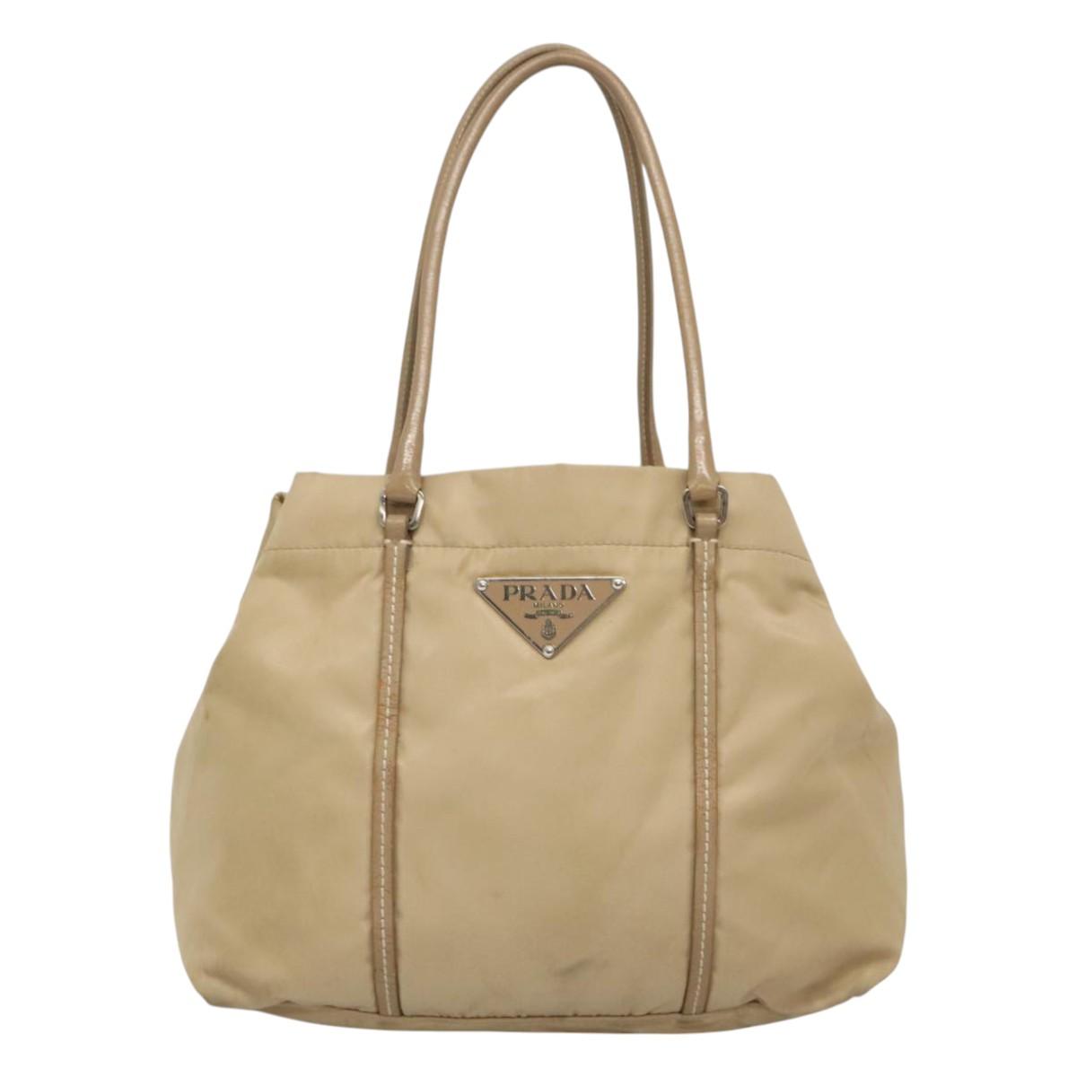 PRADA Hand Bag Nylon Beige Silver Auth 126335