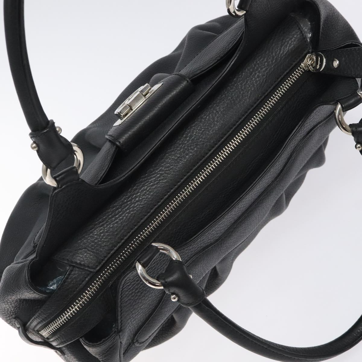 Salvatore Ferragamo Gancini Hand Bag Leather Black Silver Auth 126336