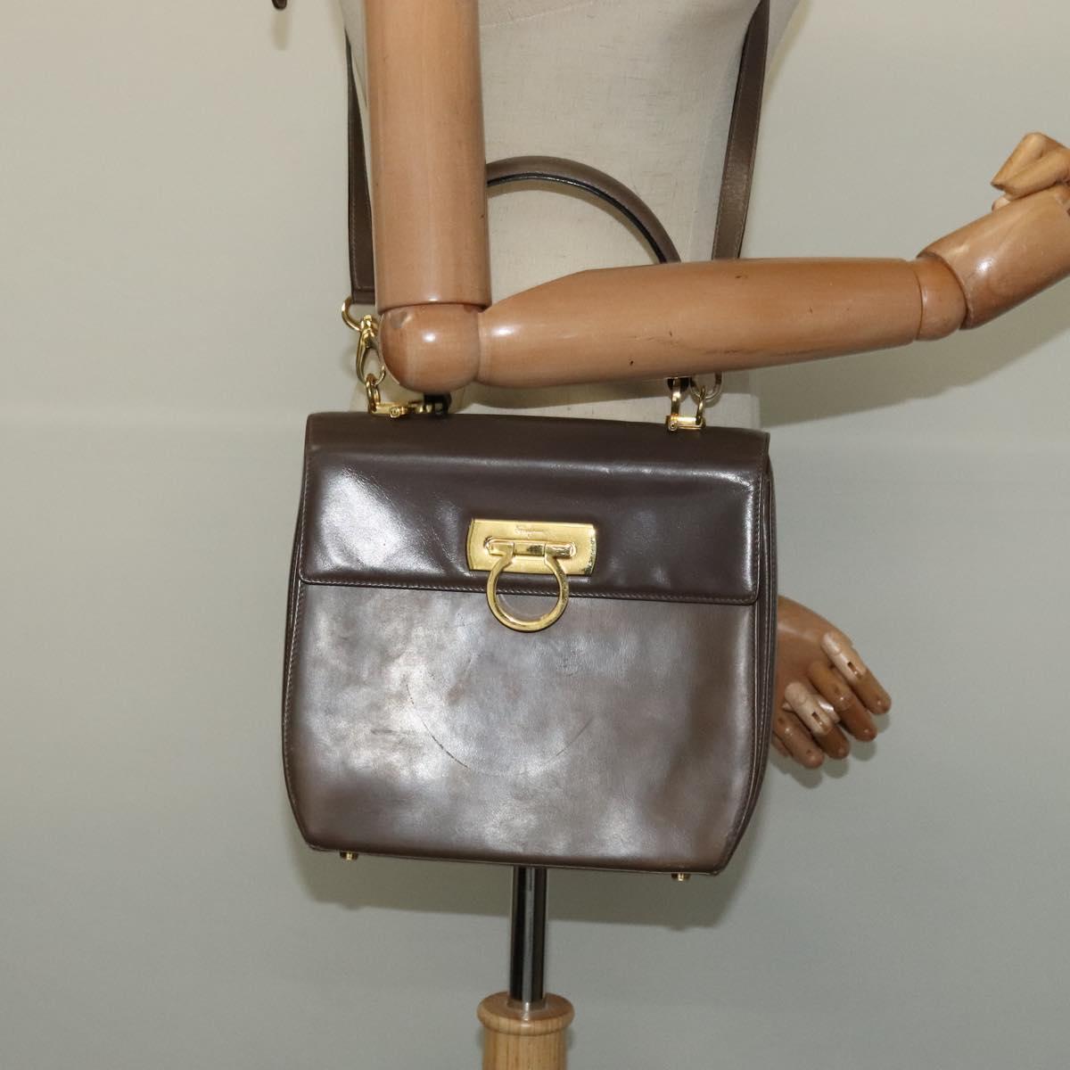 Salvatore Ferragamo Gancini Hand Bag Leather 2way Brown Gold Auth 126367