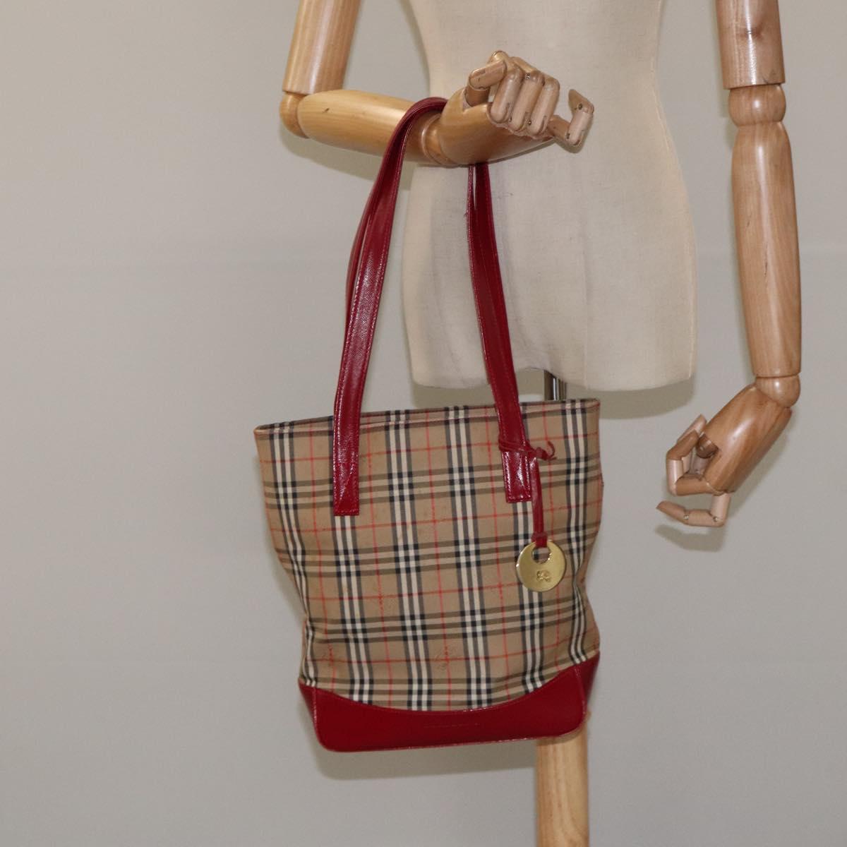 BURBERRY Nova Check Tote Bag Canvas Red Beige gold Auth 126393