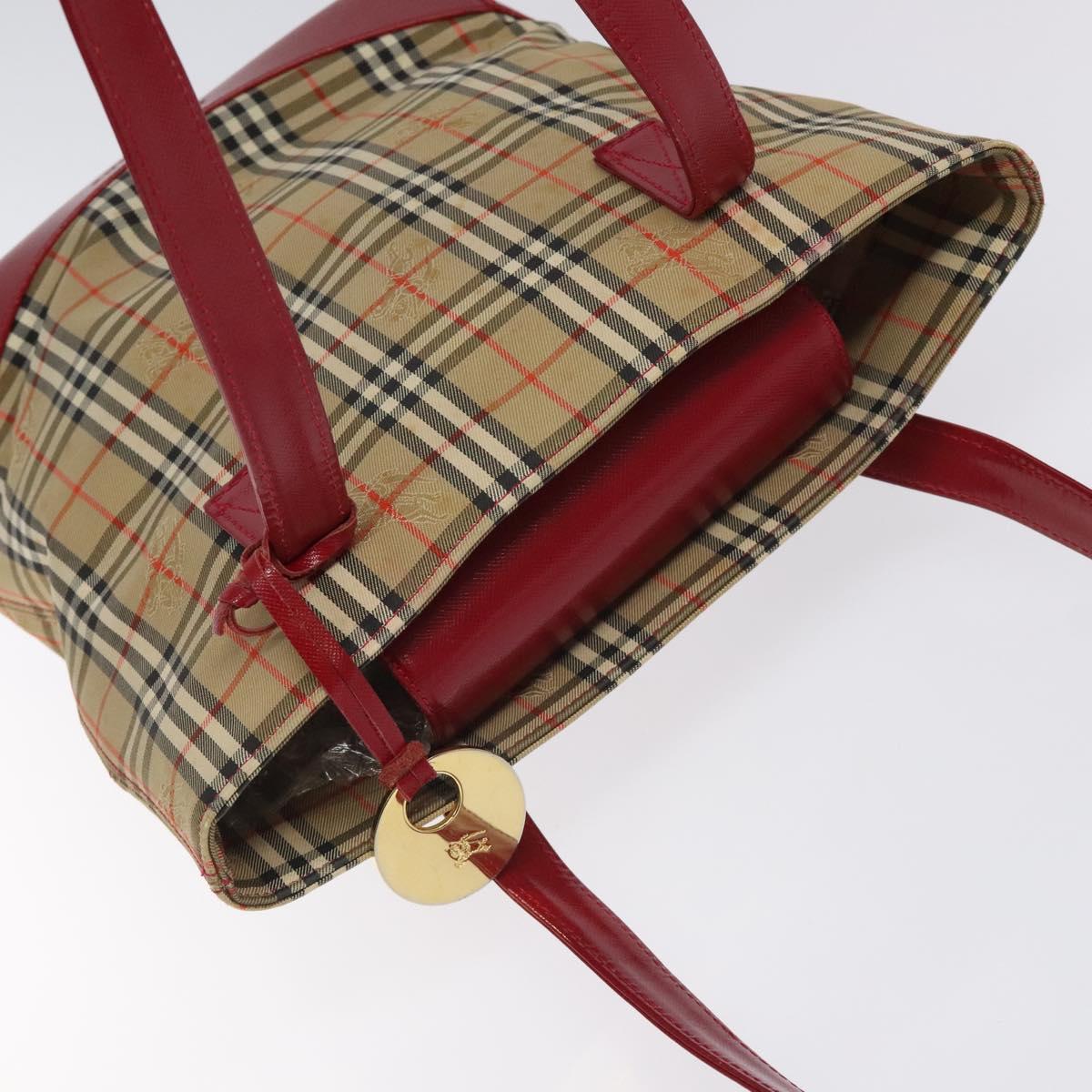 BURBERRY Nova Check Tote Bag Canvas Red Beige gold Auth 126393