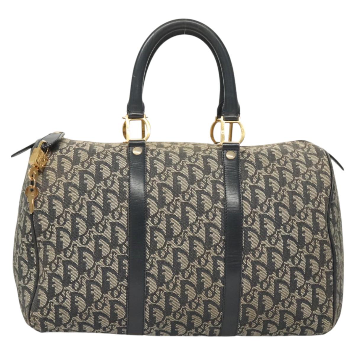 Christian Dior Trotter Canvas Boston Bag Navy Gold Auth 126426