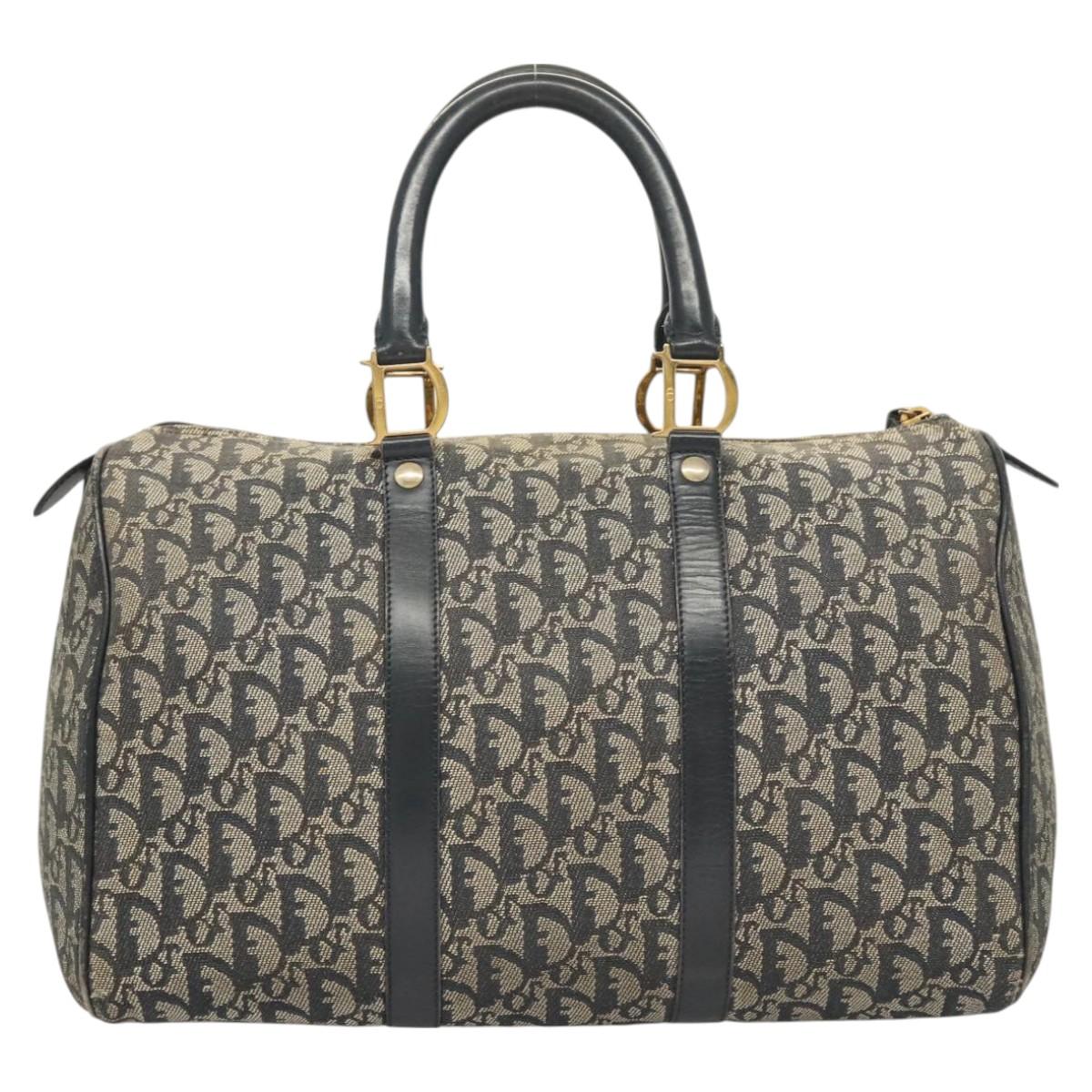 Christian Dior Trotter Canvas Boston Bag Navy Gold Auth 126426