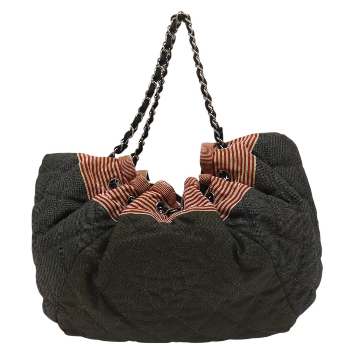 CHANEL Coco Cabas GM Tote Bag Canvas Gray Silver CC Auth 126427