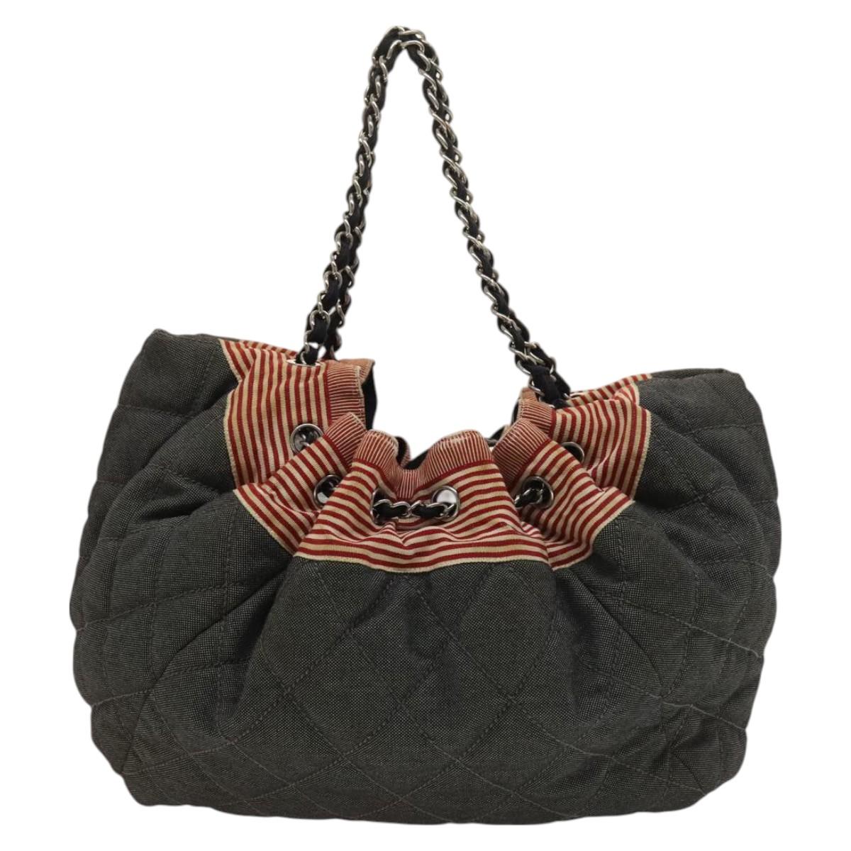 CHANEL Coco Cabas GM Tote Bag Canvas Gray Silver CC Auth 126427