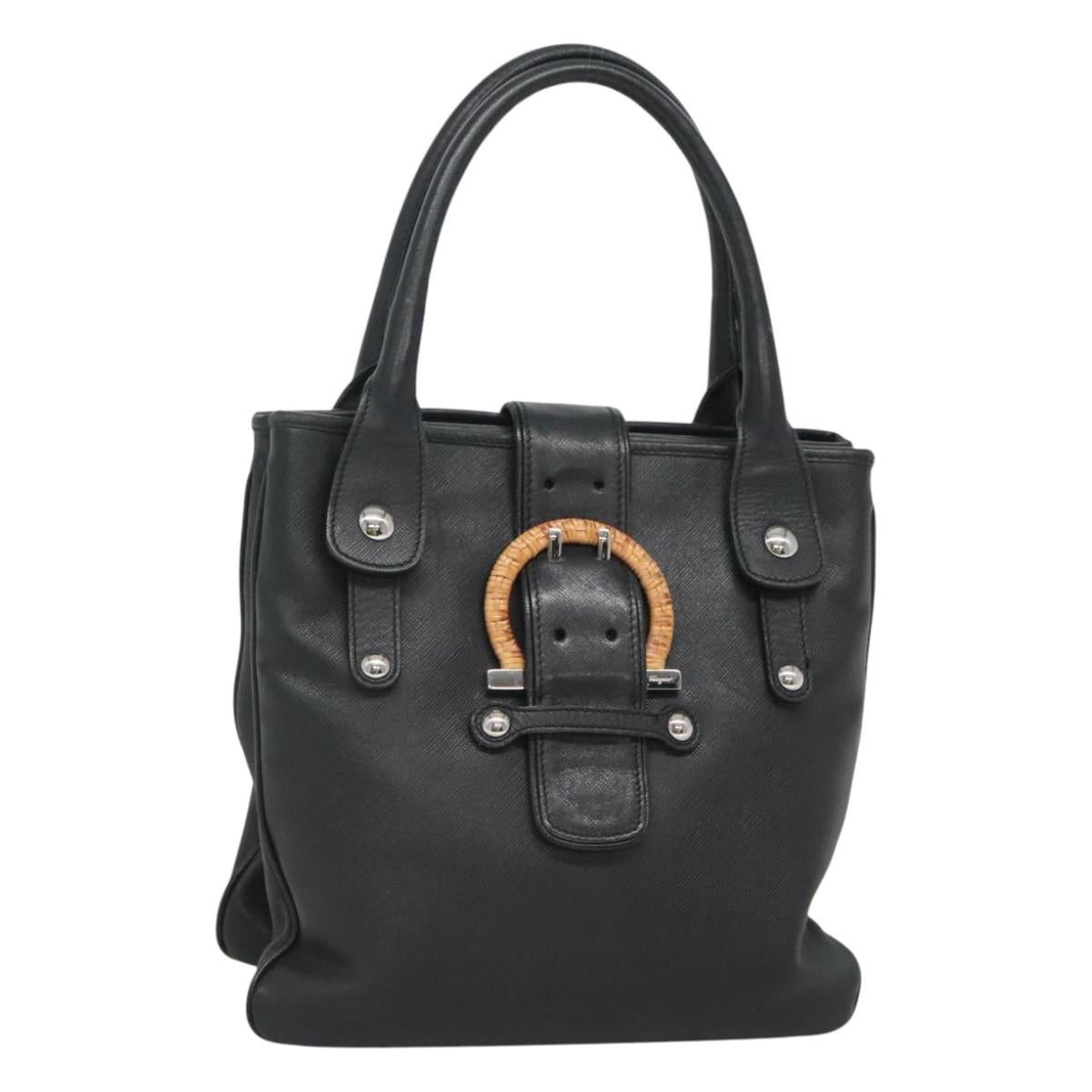 Salvatore Ferragamo Gancini Hand Bag Leather Black Silver Auth 126582