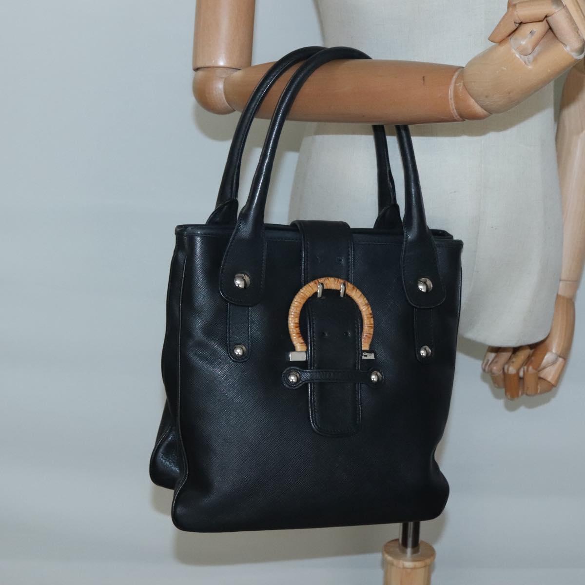Salvatore Ferragamo Gancini Hand Bag Leather Black Silver Auth 126582