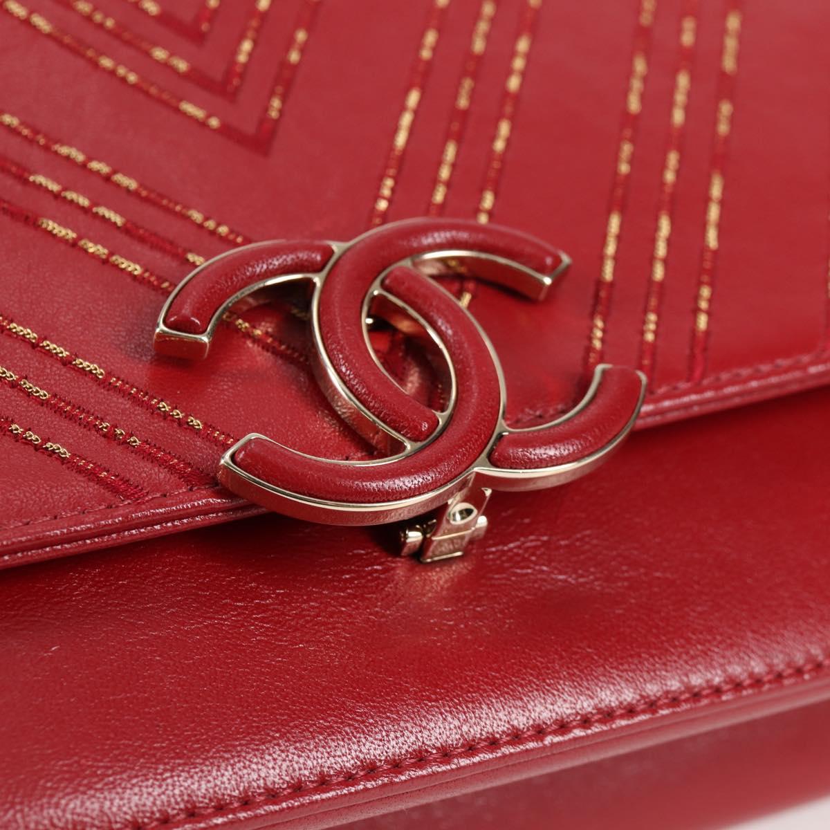 CHANEL Chain V Stitch Shoulder Bag Lamb Skin Red Gold CC Auth 126605M