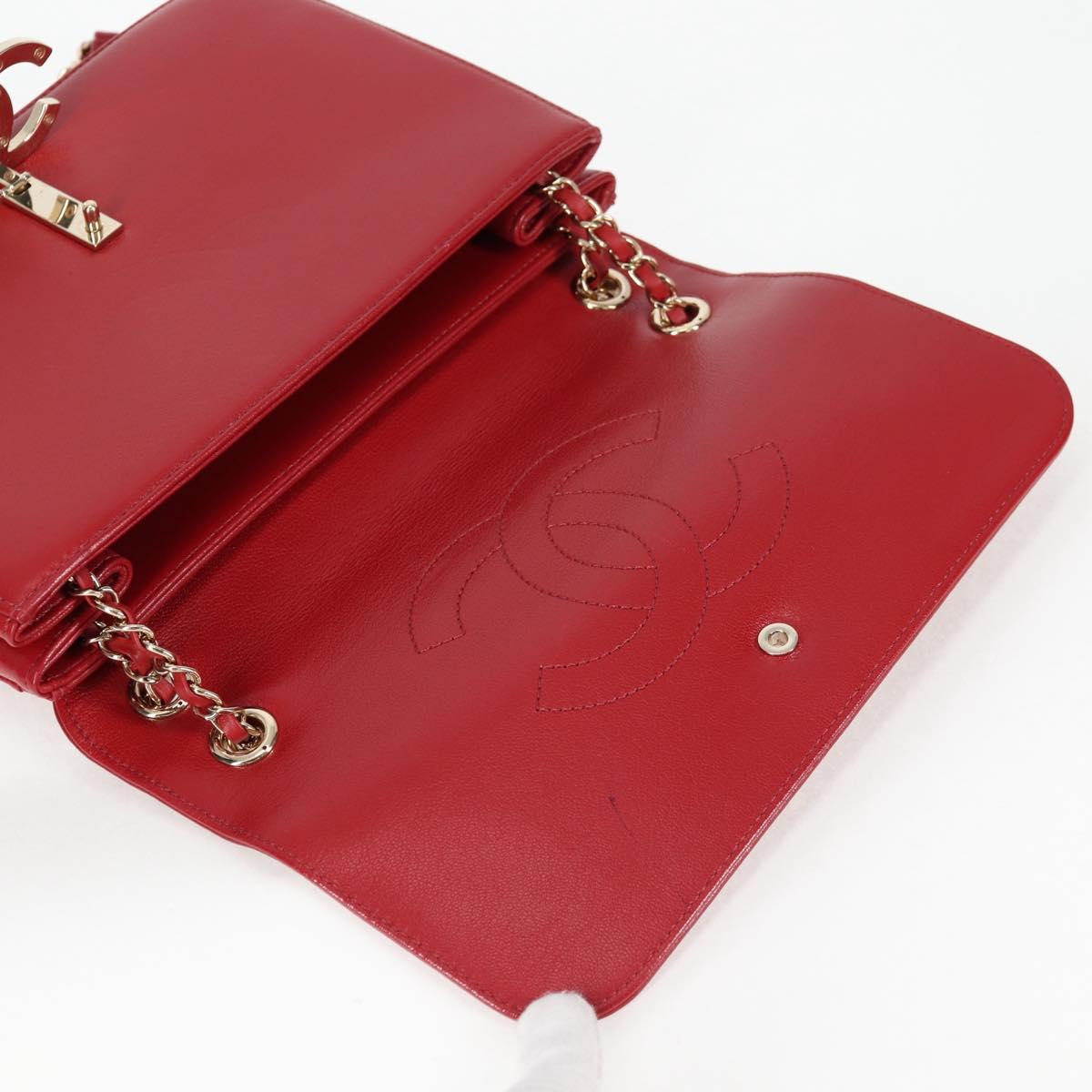 CHANEL Chain V Stitch Shoulder Bag Lamb Skin Red Gold CC Auth 126605SM