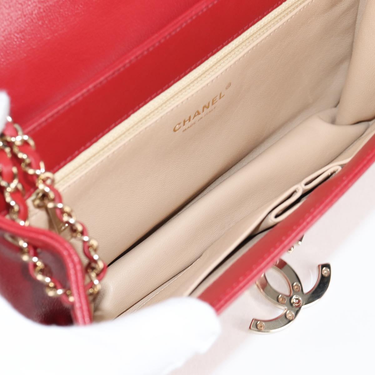CHANEL Chain V Stitch Shoulder Bag Lamb Skin Red Gold CC Auth 126605SM