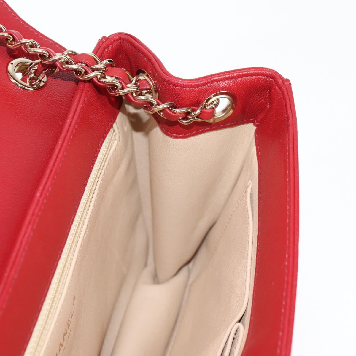 CHANEL Chain V Stitch Shoulder Bag Lamb Skin Red Gold CC Auth 126605M