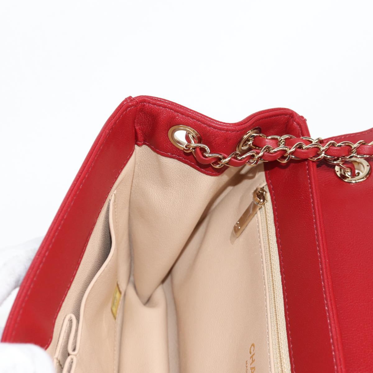 CHANEL Chain V Stitch Shoulder Bag Lamb Skin Red Gold CC Auth 126605M