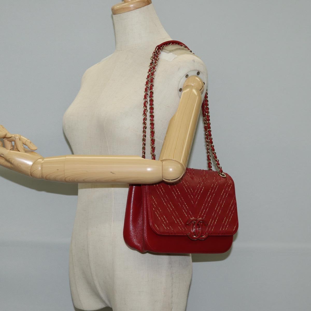 CHANEL Chain V Stitch Shoulder Bag Lamb Skin Red Gold CC Auth 126605M